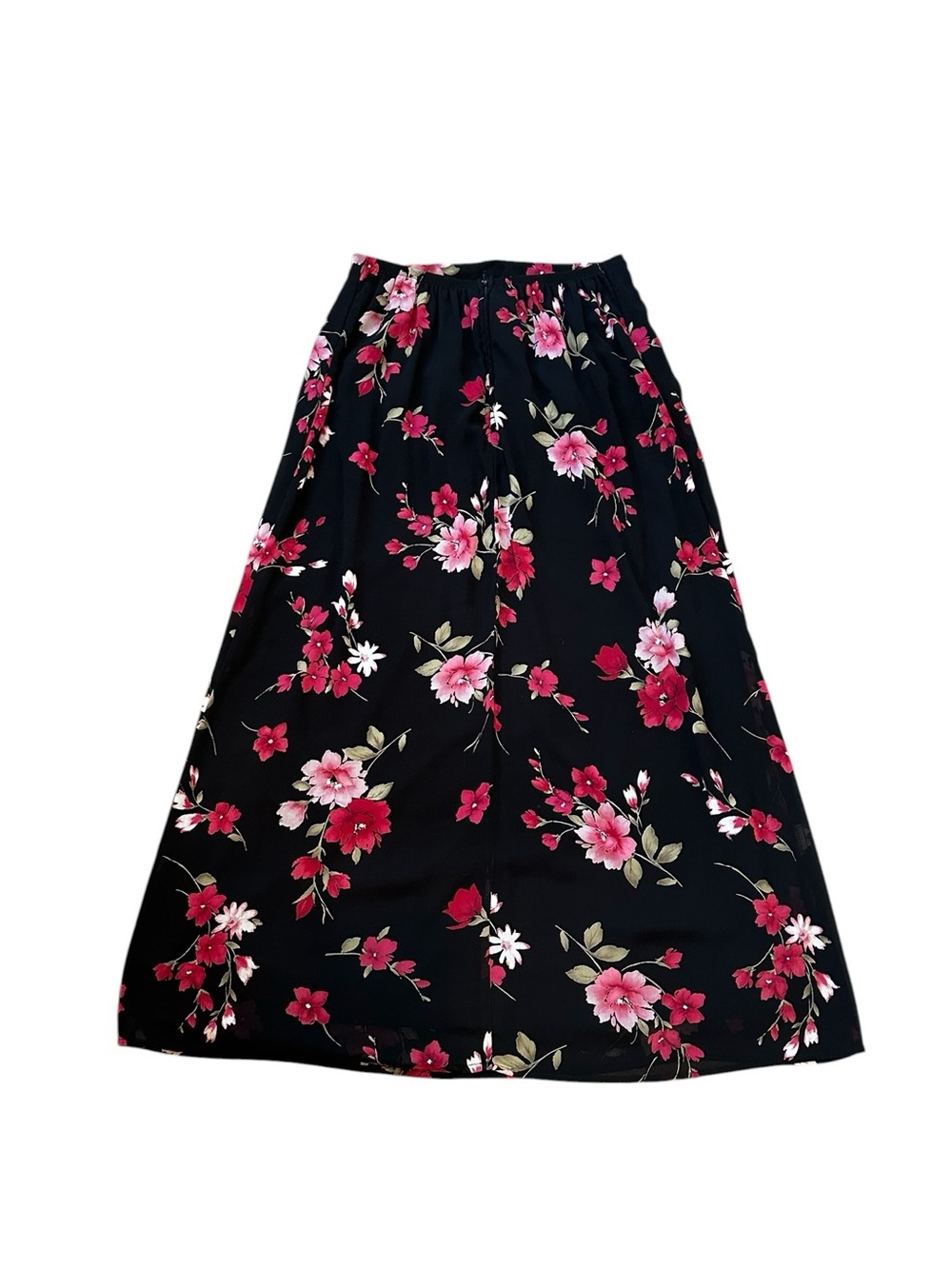 Vintage DressBarn Black Pink Floral Midi Skirt Whimsygoth Romantic Feminine